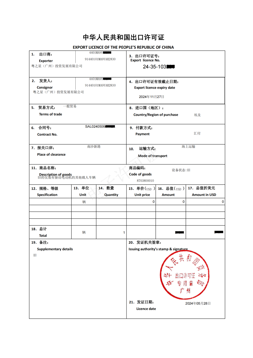 Car Export License